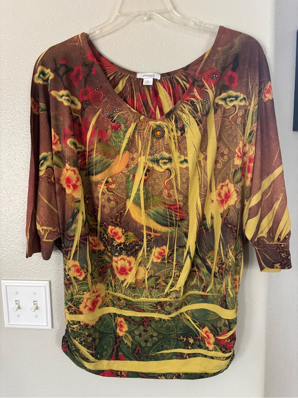 VTG Dressbarn 1X Whimsigoth Beaded Bird Floral Blouse Top Y2K Fairy Grunge